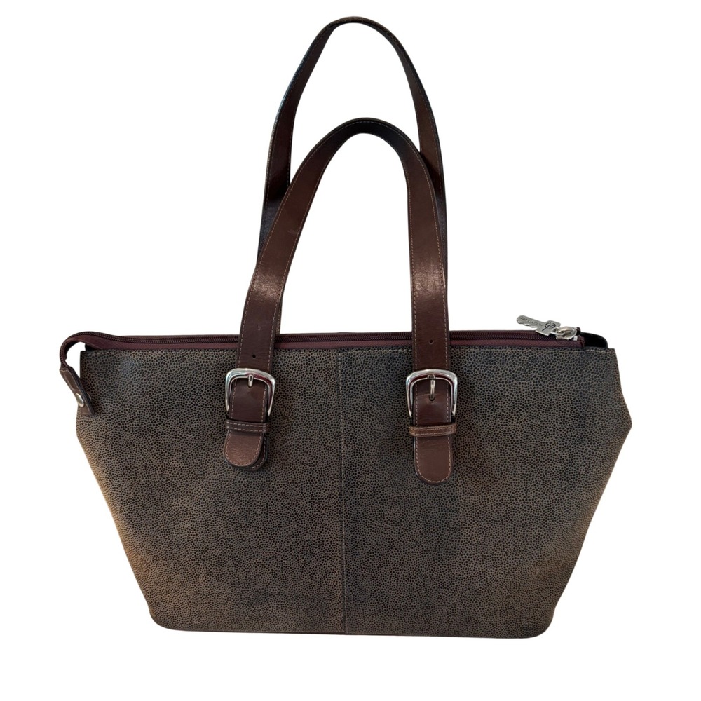 Jack Georges Brown Pebbled Leather Tote Bag Laptop Compartment Silver Buckle